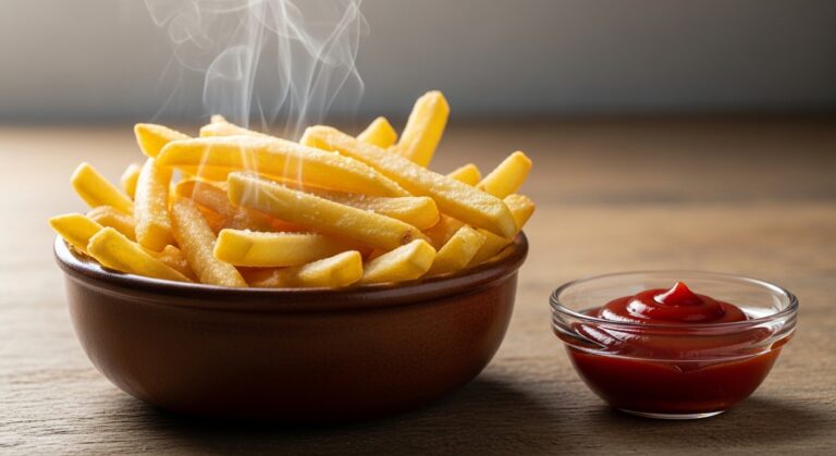 Crispy golden air fryer French fries with crunchy edges and fluffy inside, served hot with dipping sauce – easy healthy homemade fries recipe.