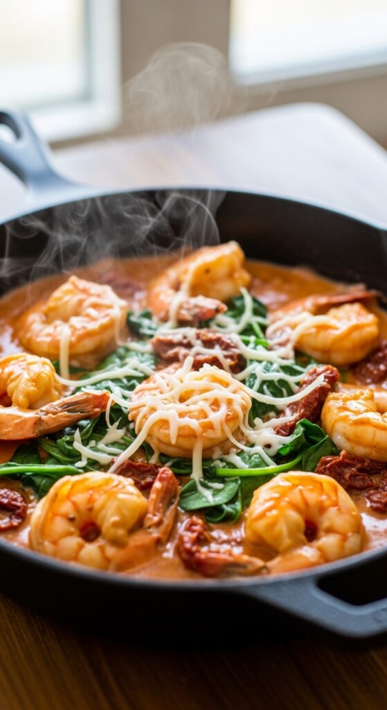 Creamy Tuscan shrimp in garlic parmesan sauce with sun dried tomatoes and spinach, keto low carb dinner.