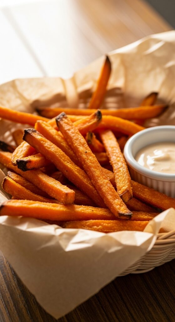 Crispy air fryer sweet potato fries with caramelized edges – healthy side dish recipe.