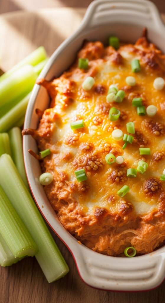 Keto buffalo chicken dip with melted cheese and celery sticks, low carb party appetizer.