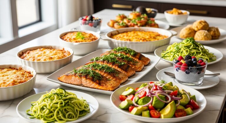 High-end keto recipes spread on marble kitchen counter including grilled salmon, creamy chicken, zucchini noodles, cauliflower bake, avocado salad, and berry chia pudding in natural light.