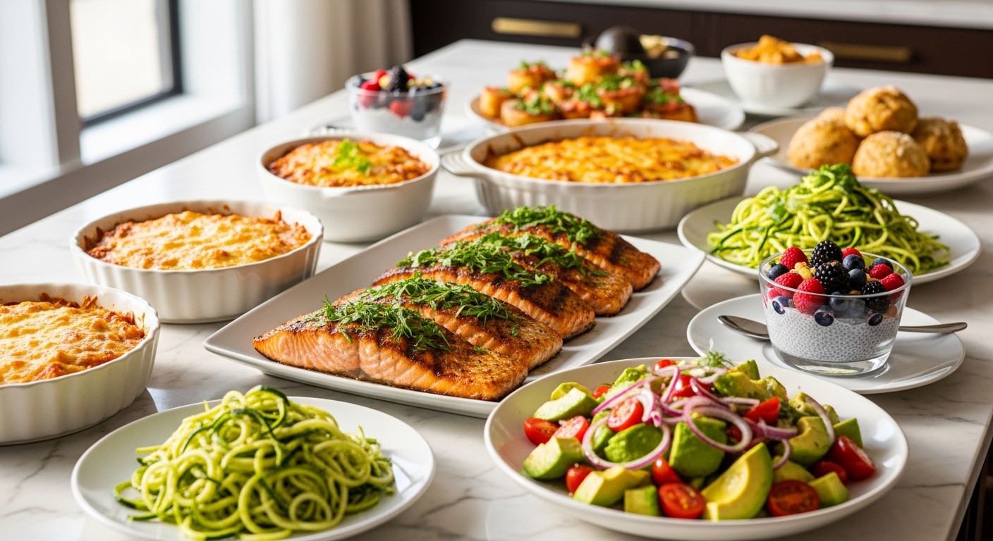 High-end keto recipes spread on marble kitchen counter including grilled salmon, creamy chicken, zucchini noodles, cauliflower bake, avocado salad, and berry chia pudding in natural light.