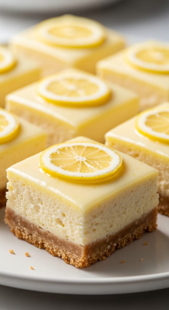 Keto lemon cheesecake bars with almond flour crust, low carb sugar free dessert squares.