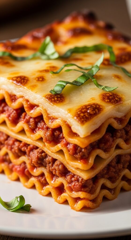 Classic beef lasagna slice with layers of pasta, rich meat sauce, ricotta, and melted mozzarella cheese for a hearty family dinner.
