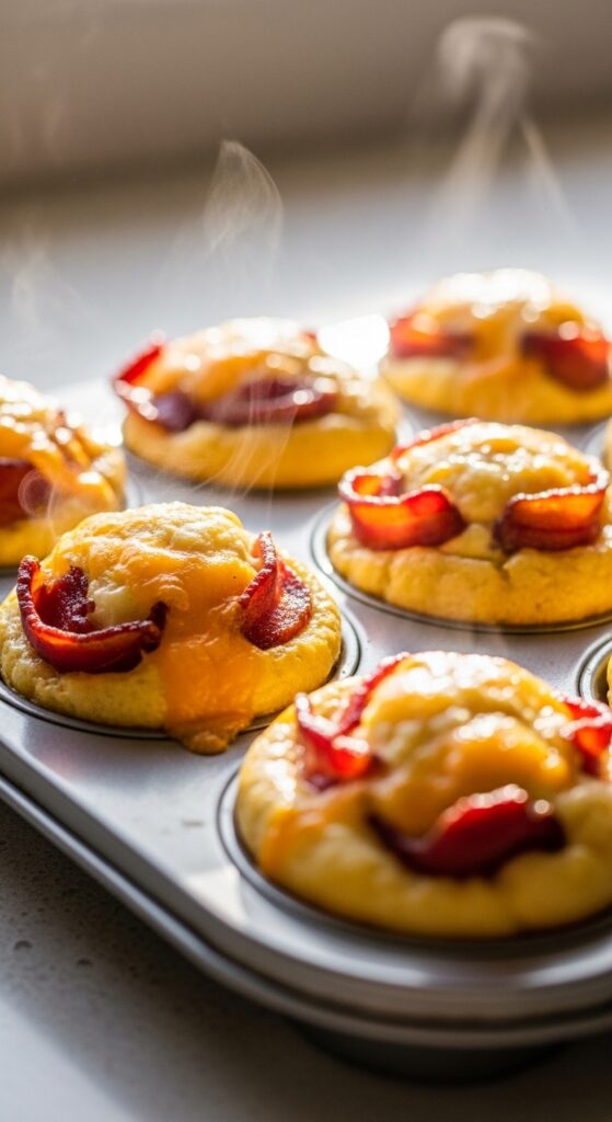 Keto bacon egg muffins with crispy bacon and melted cheese baked in muffin tin, easy low carb breakfast meal prep idea.