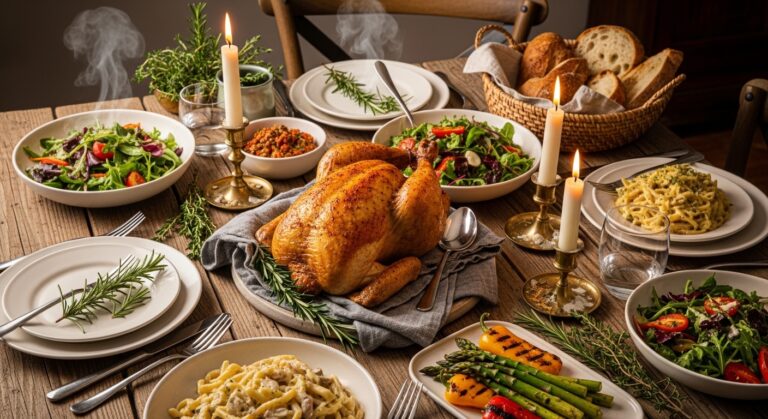 Variety of dinner recipes displayed on a rustic table including roasted chicken, creamy pasta, grilled salmon, fresh salad, and artisan bread for easy family dinner ideas.