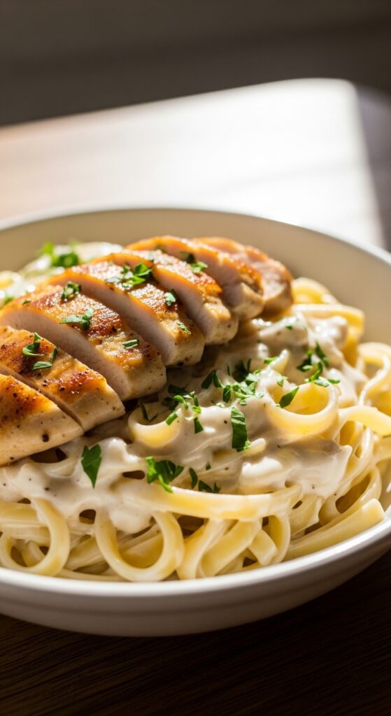 Creamy chicken Alfredo pasta with grilled chicken slices and Parmesan sauce served in a white bowl for a comforting Italian dinner recipe.