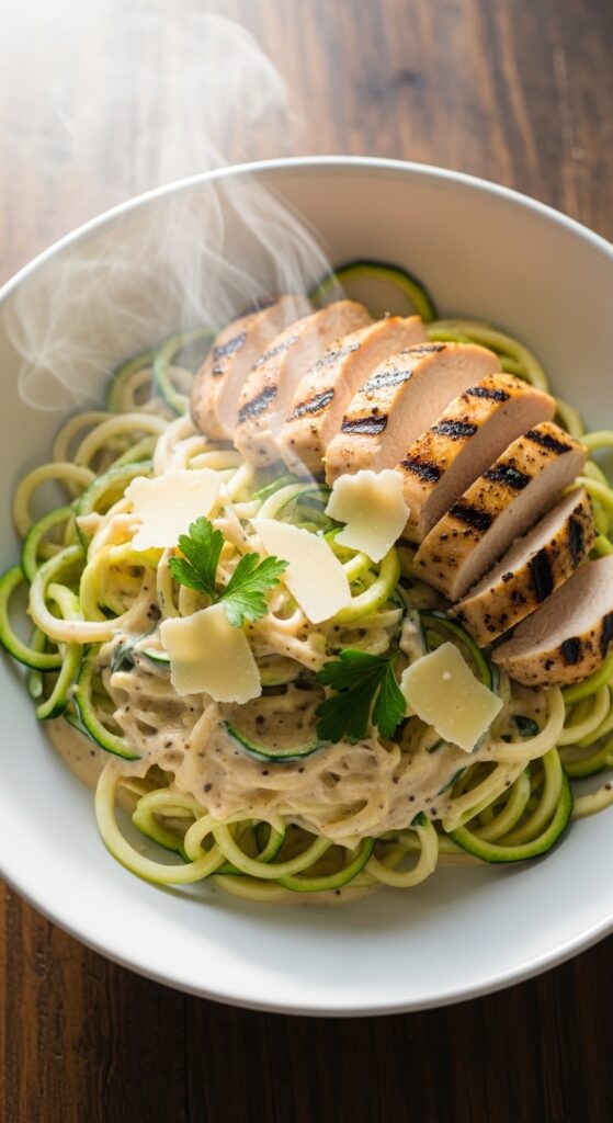 Zucchini noodle Alfredo with creamy low carb sauce and grilled chicken, healthy keto pasta alternative.