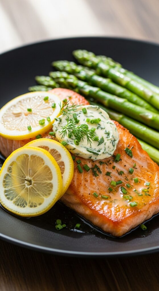 Pan seared butter herb salmon with crispy skin and lemon slices, healthy high protein keto dinner recipe.