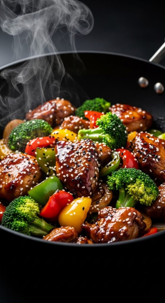 Teriyaki chicken stir fry with broccoli, bell peppers, and glossy homemade sauce served over rice for a quick weeknight dinner recipe.