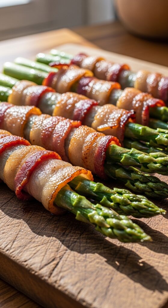 Crispy bacon wrapped asparagus cooked in air fryer – low carb keto friendly appetizer recipe.