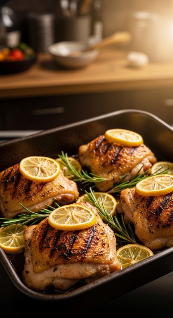 Baked lemon herb chicken thighs with crispy golden skin, fresh rosemary, and roasted lemon slices for a healthy oven dinner recipe