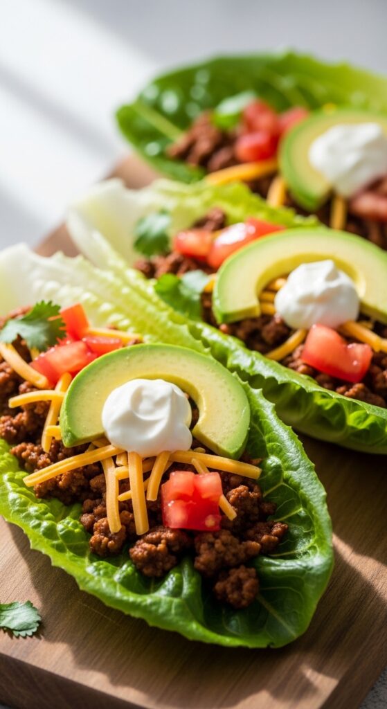 Keto taco lettuce wraps with seasoned ground beef, avocado, cheese, and sour cream, low carb Mexican dinner idea.