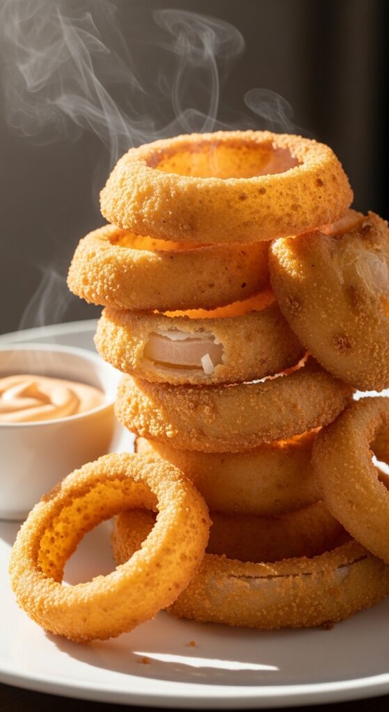 Crunchy air fryer onion rings with golden breadcrumb coating – easy homemade snack or burger side dish.