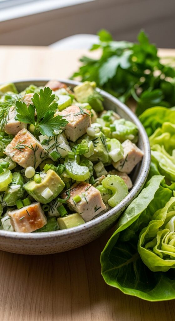 Creamy avocado chicken salad with grilled chicken and fresh herbs, healthy keto lunch recipe.