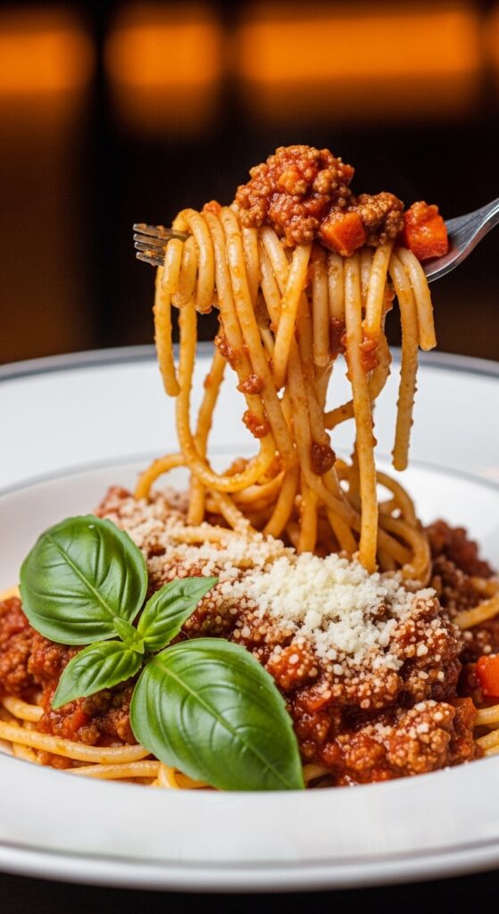 Classic spaghetti Bolognese with rich beef tomato sauce and grated Parmesan cheese for a hearty Italian dinner recipe.