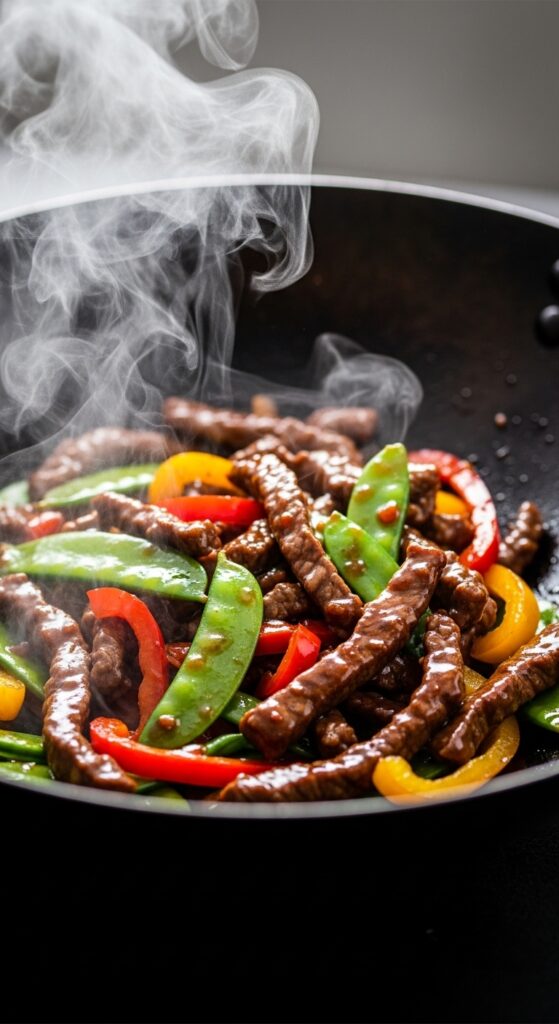 Quick beef stir fry with tender steak strips, bell peppers, and snap peas in savory sauce for an easy weeknight dinner