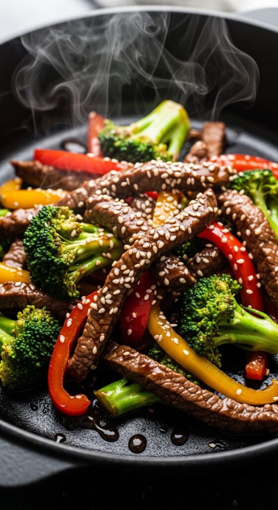 Keto beef stir fry with broccoli and bell peppers in low carb soy garlic sauce.