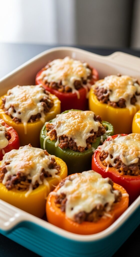 Colorful air fryer stuffed bell peppers filled with seasoned meat and rice topped with melted cheese – healthy dinner idea.