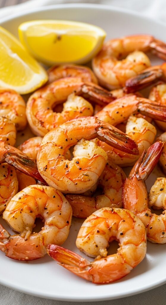 Juicy seasoned air fryer shrimp with lemon garnish – quick 10 minute seafood dinner recipe.