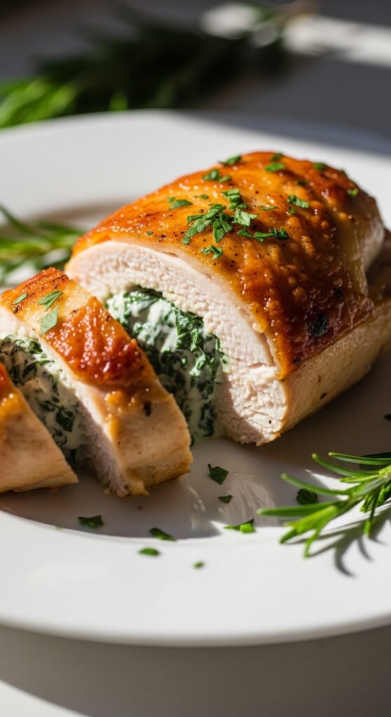Spinach stuffed chicken breast with creamy cheese filling, baked low carb keto dinner.
