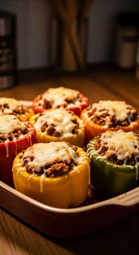 Colorful stuffed bell peppers filled with seasoned ground beef, rice, and melted mozzarella for a comforting baked dinner recipe.