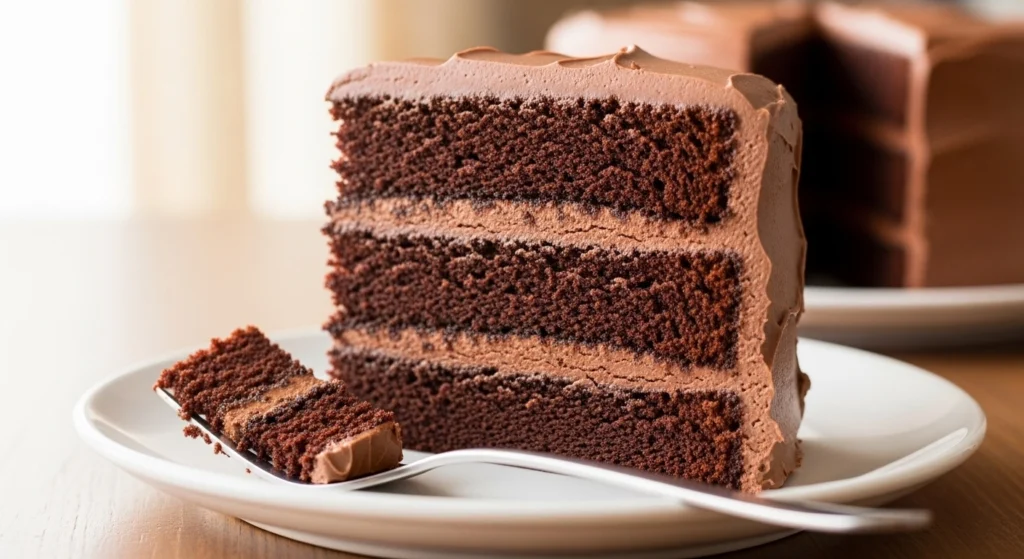 Moist layered chocolate cake with smooth frosting – easy homemade cake recipe