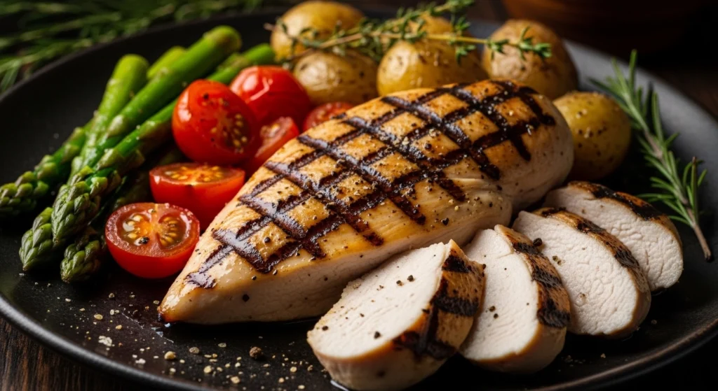 Juicy grilled chicken breast with vegetables – healthy high protein dinner recipe