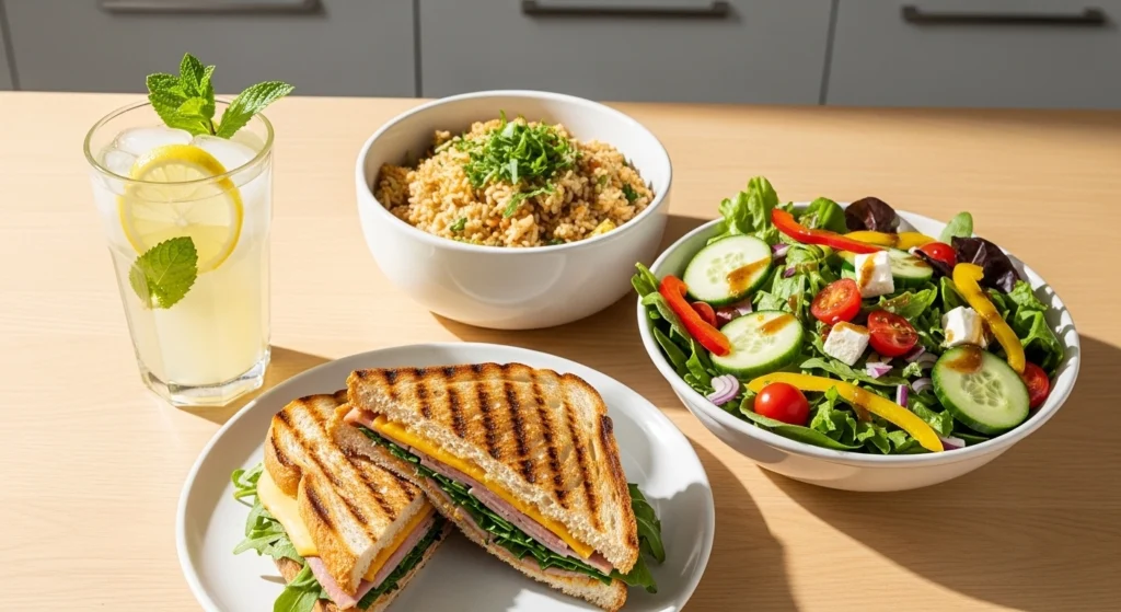 Grilled sandwich with fresh salad and rice dish – quick and healthy homemade lunch ideas