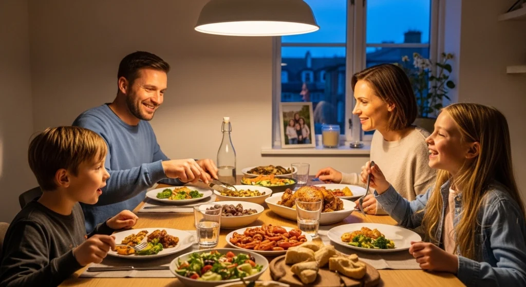 Happy family enjoying homemade dinner together – healthy family meal ideas from FoodRecipeShop