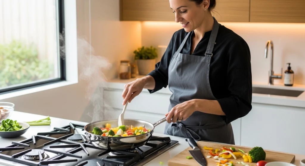 Home chef cooking vegetables in modern kitchen – step by step easy cooking guide for beginners