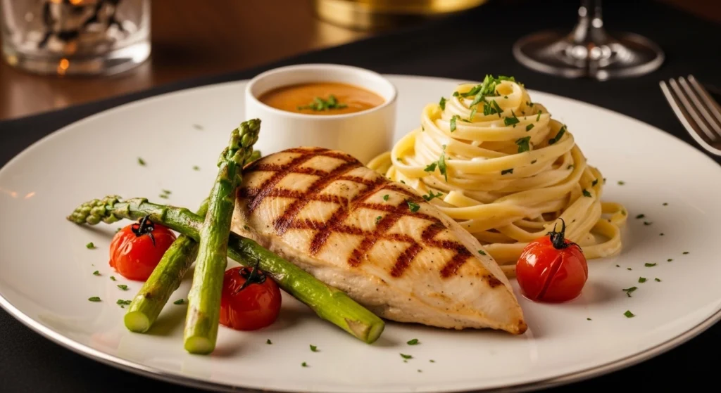 Grilled chicken with creamy pasta and roasted vegetables – easy dinner recipes for family meals