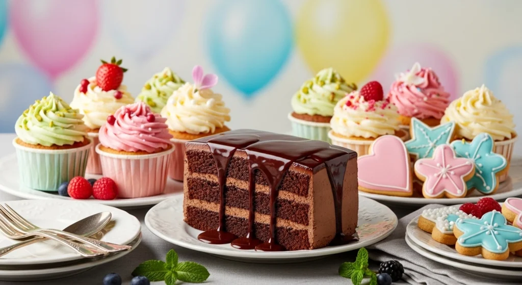 Chocolate cake slice with cupcakes and cookies – simple homemade dessert recipes and sweet treats