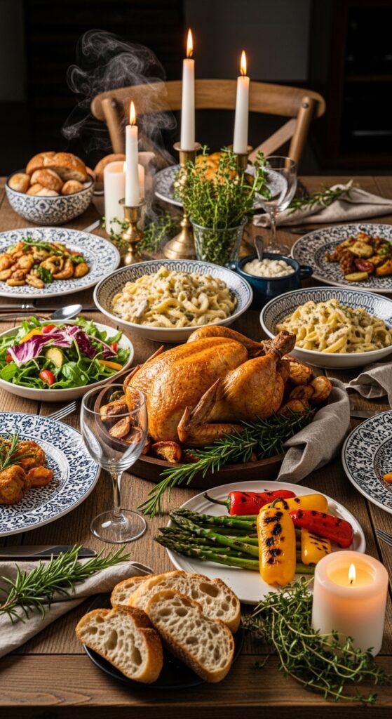 Variety of dinner recipes displayed on a rustic table including roasted chicken, creamy pasta, grilled salmon, fresh salad, and artisan bread for easy family dinner ideas.
