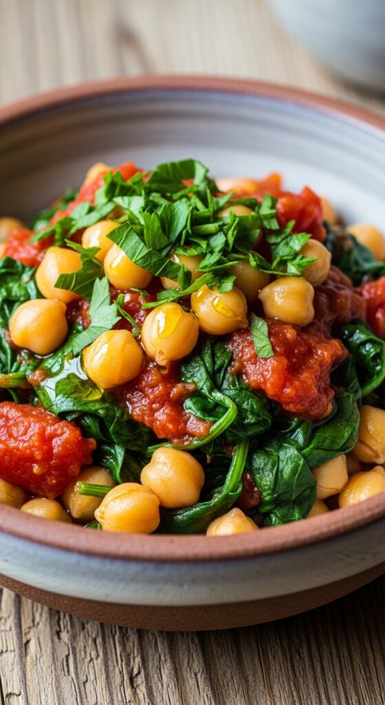 A rustic ceramic bowl with golden chickpeas, wilted spinach, chunky tomato sauce, fresh parsley, and a drizzle of olive oil