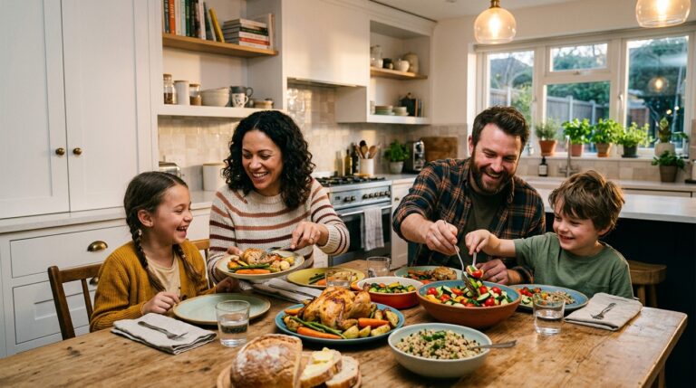 Cozy family dinner table with healthy dishes, smiling parents and children serving food in a bright modern kitchen