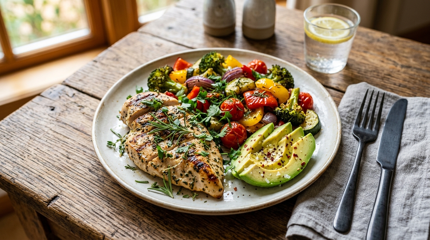 Healthy low carb dinner plate with grilled chicken, roasted vegetables, avocado slices, and fresh herbs on a rustic table