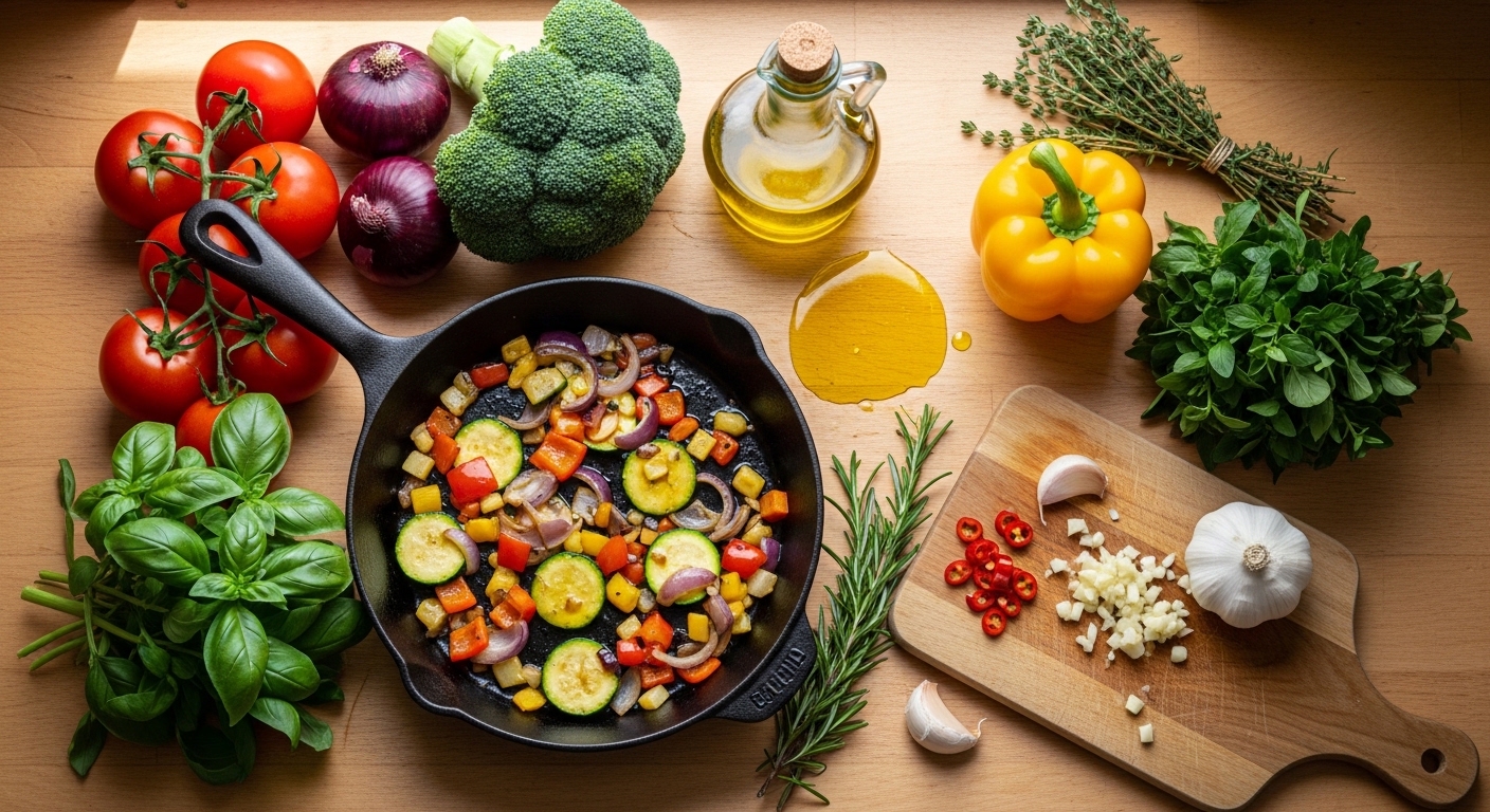 Alt Text: A bright kitchen counter with fresh vegetables, herbs, olive oil, and a sizzling skillet in warm natural light