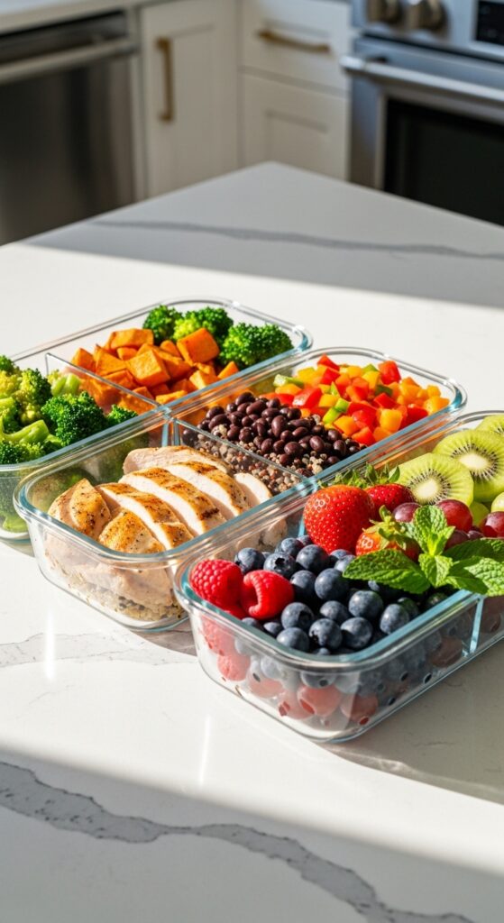 Healthy weekly meal prep containers arranged on a kitchen counter with grilled chicken, quinoa, roasted vegetables, and fresh fruits.
