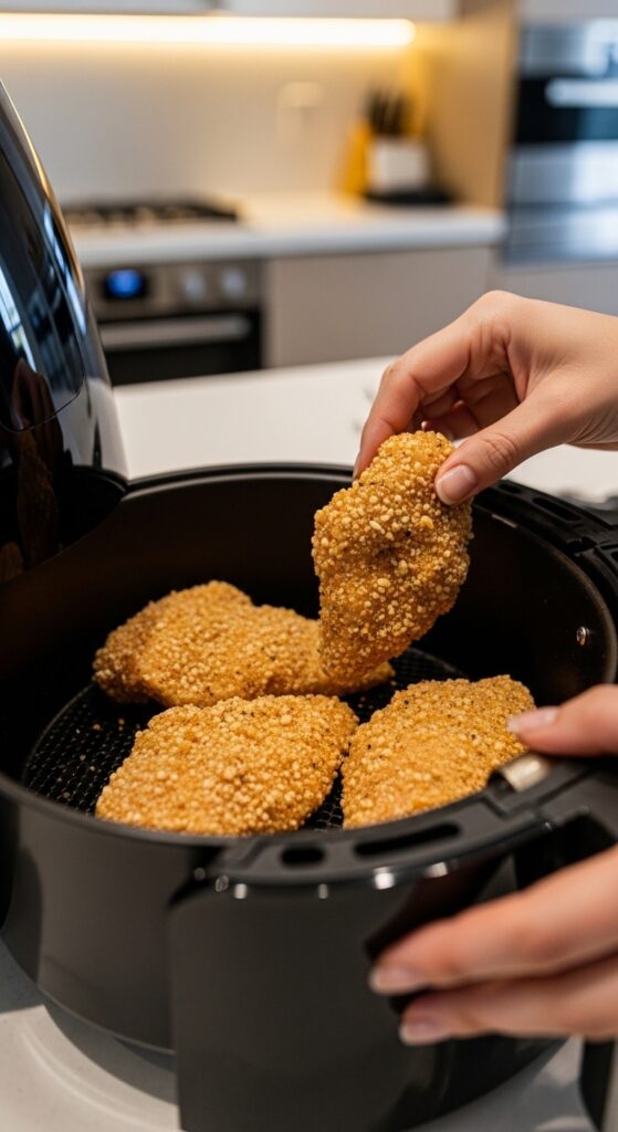 Hands placing breaded chicken pieces into an open air fryer basket in a modern kitchen, highlighting the textured, crispy coating before cooking.
