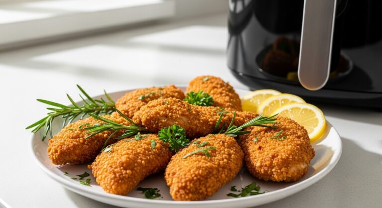 Crispy low-fat air fryer chicken cooked without oil and served with fresh lemon and healthy side dishes.
