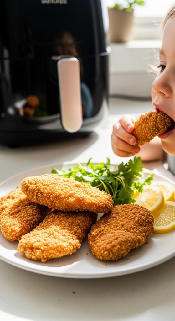 Crispy low-fat air fryer chicken cooked without oil and served with fresh lemon and healthy side dishes.