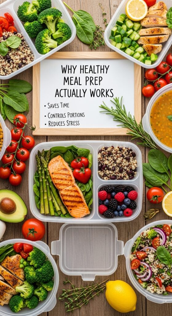 Healthy meal prep containers with chicken, rice, and fresh vegetables on a clean kitchen counter.