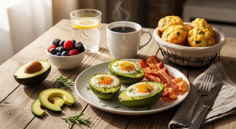 Delicious keto breakfast ideas featuring eggs, avocado, bacon, and healthy low-carb ingredients on a rustic breakfast table.