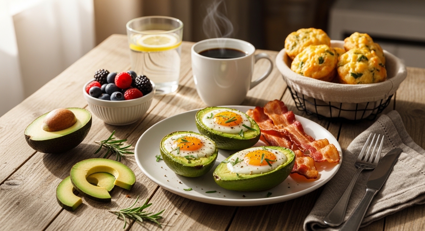 Delicious keto breakfast ideas featuring eggs, avocado, bacon, and healthy low-carb ingredients on a rustic breakfast table.