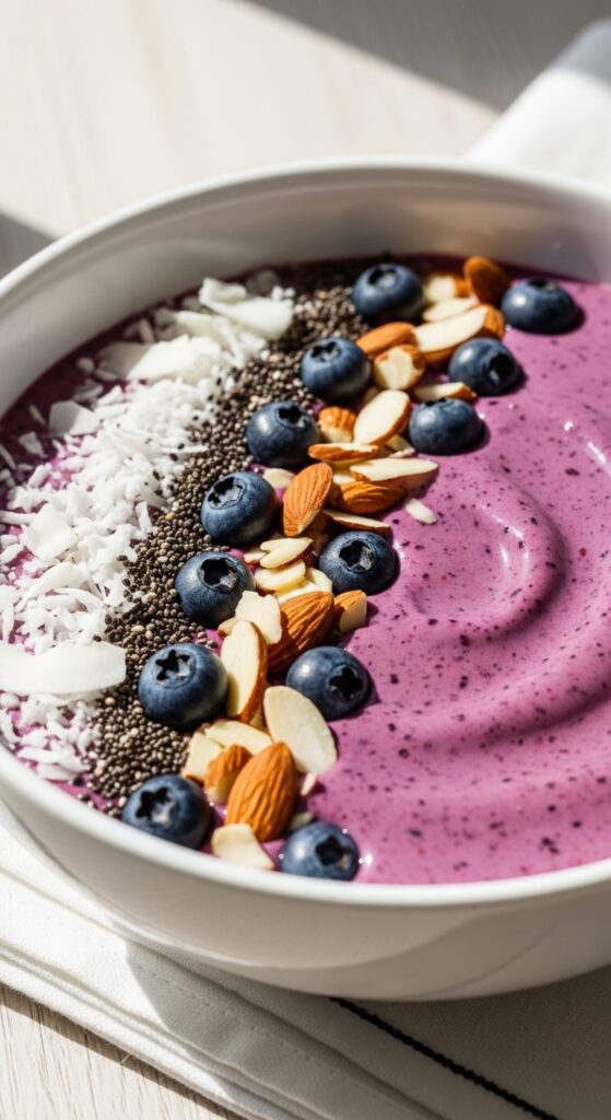 Creamy keto smoothie bowl topped with coconut flakes, chia seeds, blueberries, and almonds in a modern white bowl.