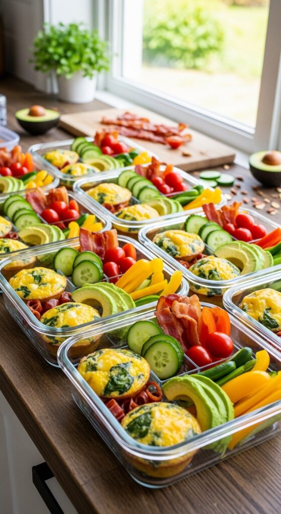 Keto breakfast meal prep containers with egg muffins, avocado slices, crispy bacon, and fresh vegetables arranged on a kitchen counter.