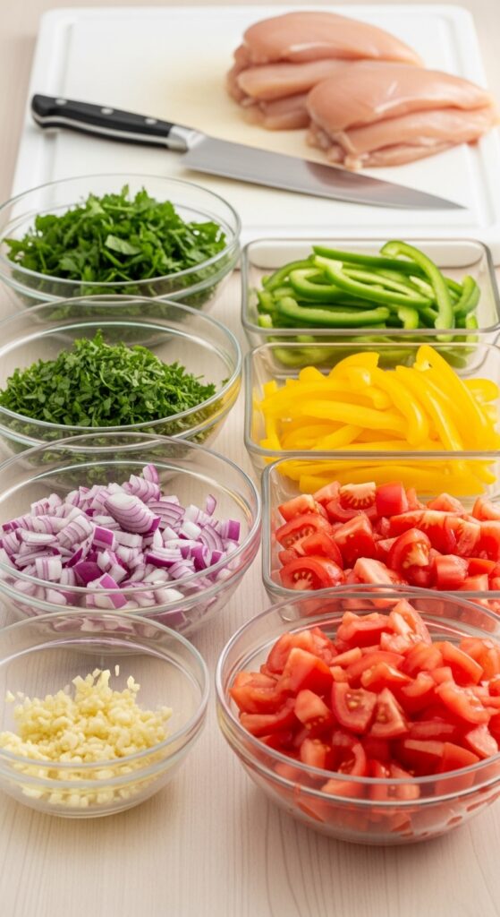Batch cooking healthy ingredients including chopped vegetables, grilled chicken, and rice prepared in a modern kitchen.