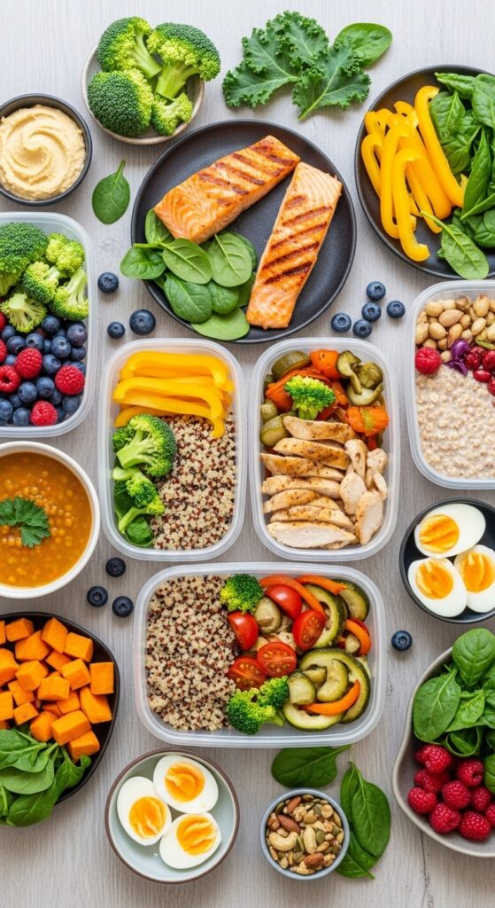 Healthy meal prep bowls with grilled chicken, rice, roasted vegetables, and fresh toppings neatly arranged on a table.