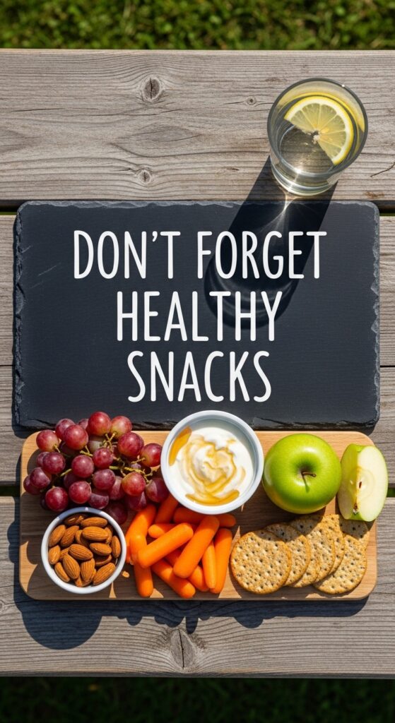 Healthy snacks including mixed nuts, yogurt, fruit, and veggie sticks prepared in small containers on a kitchen counter.